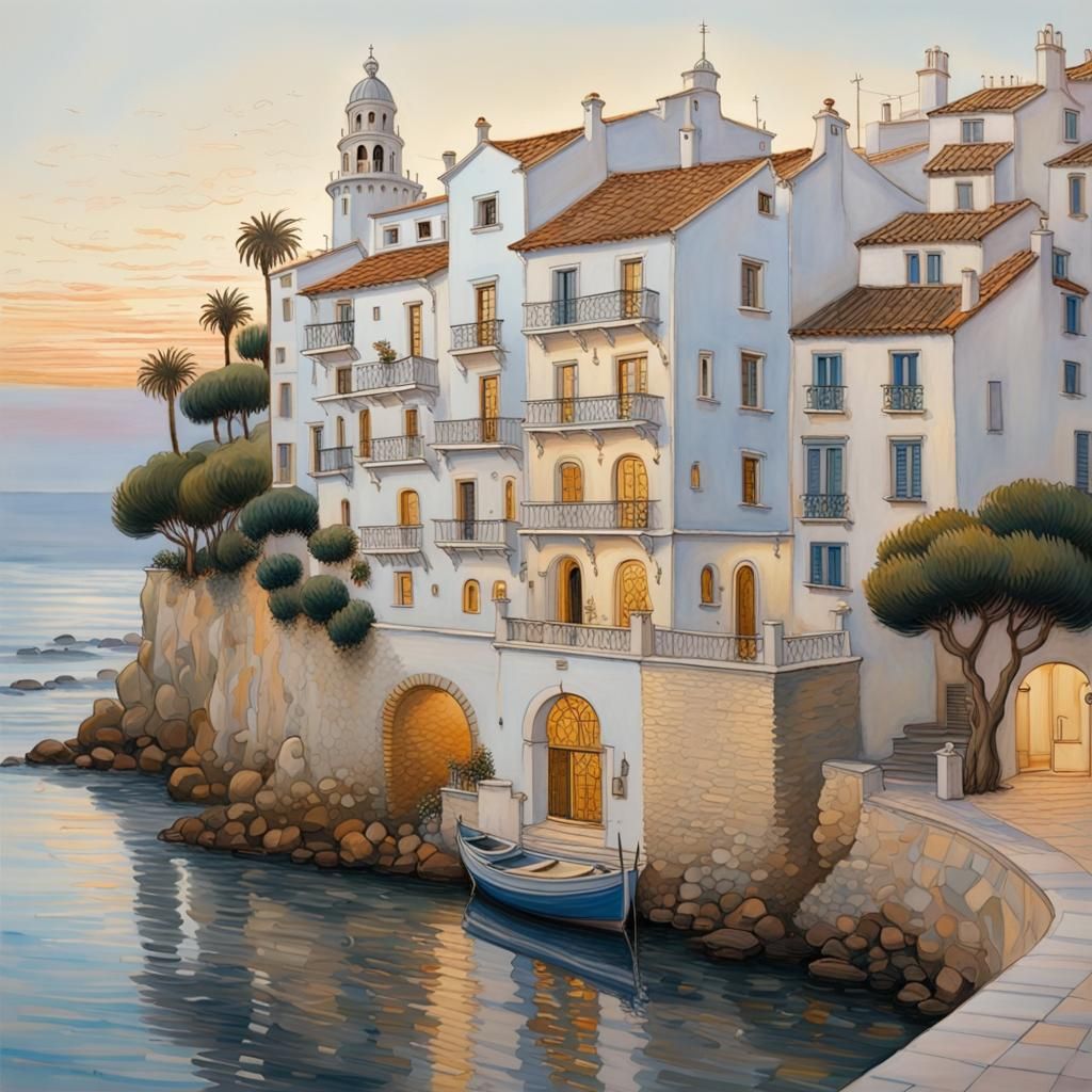 Picturesque Spanish Village: Gouache Painting in Klimt Style