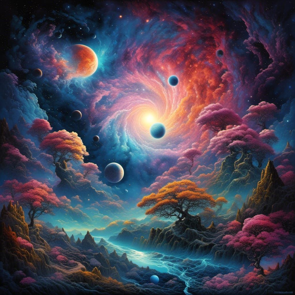Cosmic Dreamscape: Black Light Art in Magical Fantasy Style