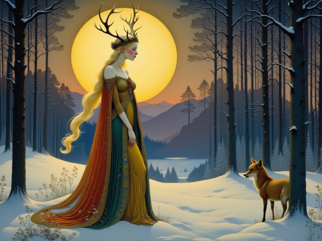 Blonde Woman with Stag Antlers in Snowy Forest Glade