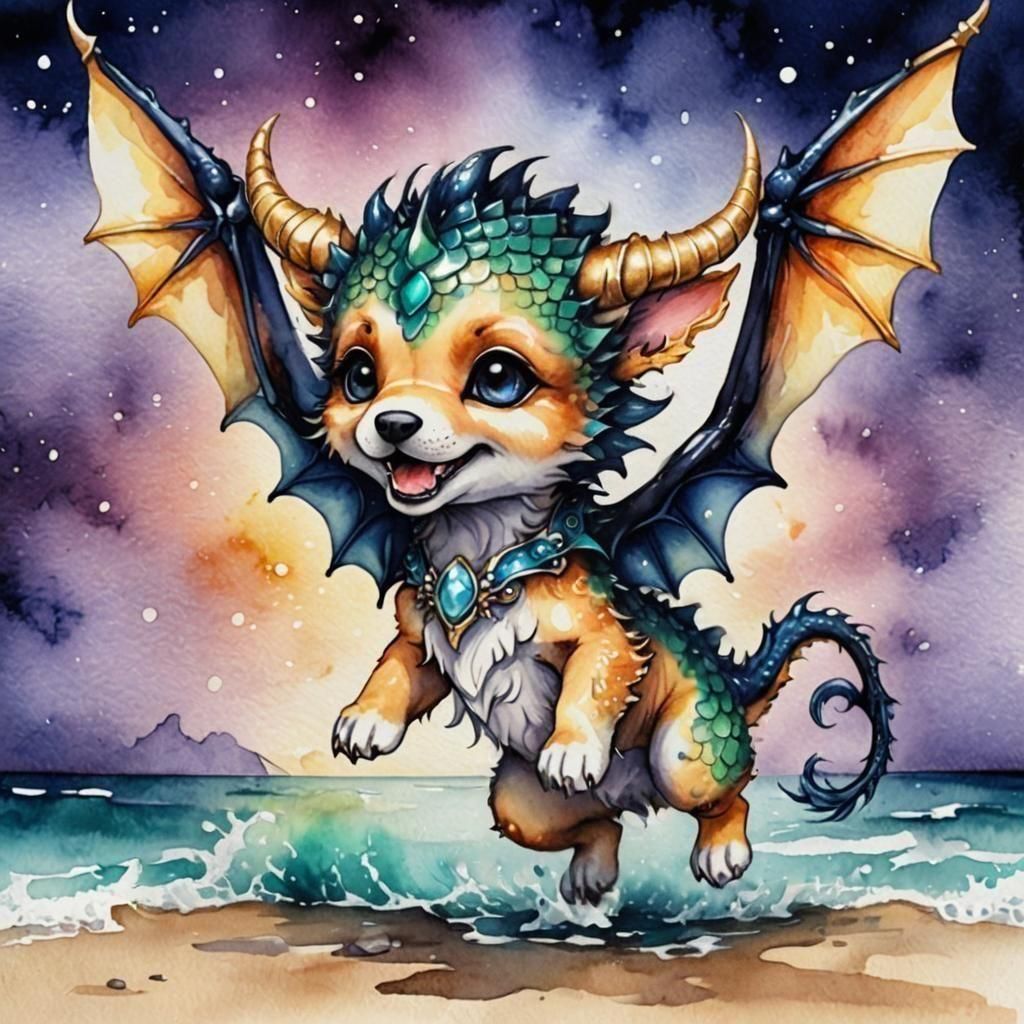 Adorable Dragon-Puppy Hybrid on Fantasy Beach