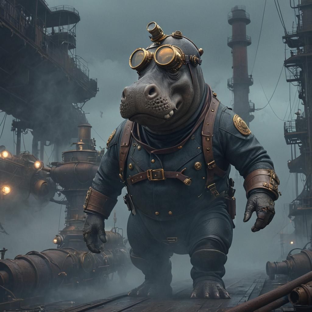 Steampunk Hippo Pilot on Victorian Dockyard