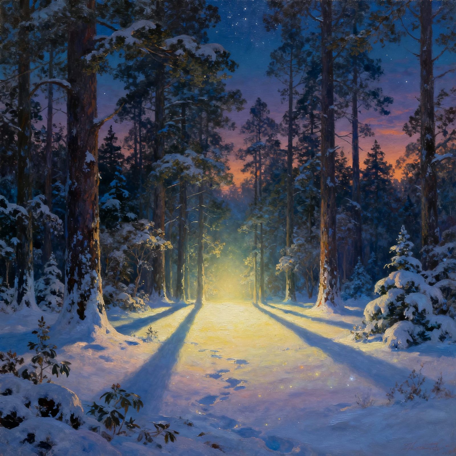Surreal Snowy Forest Night Landscape Painting