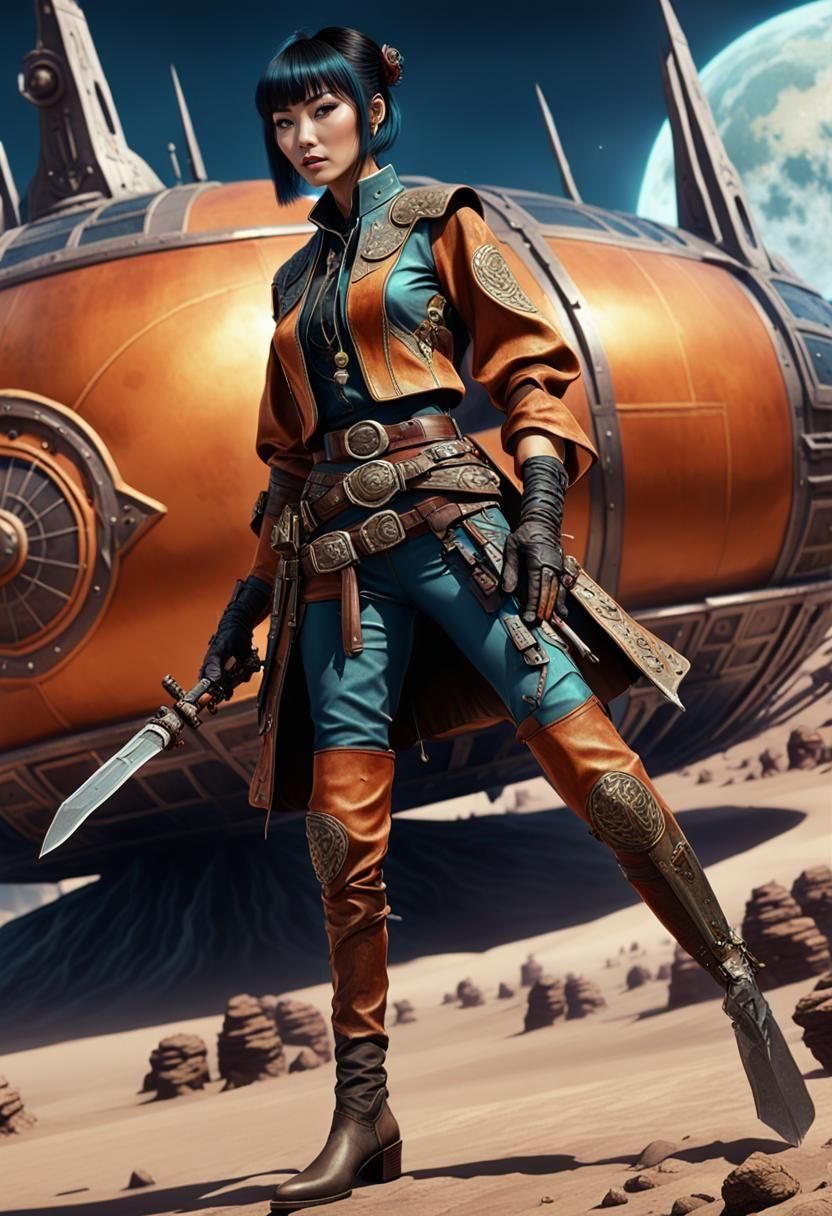 Retrofuturistic Japanese Cowgirl with Knife