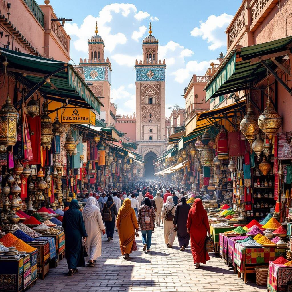 Bustling Marrakech Marketplace in Hyperrealistic Style