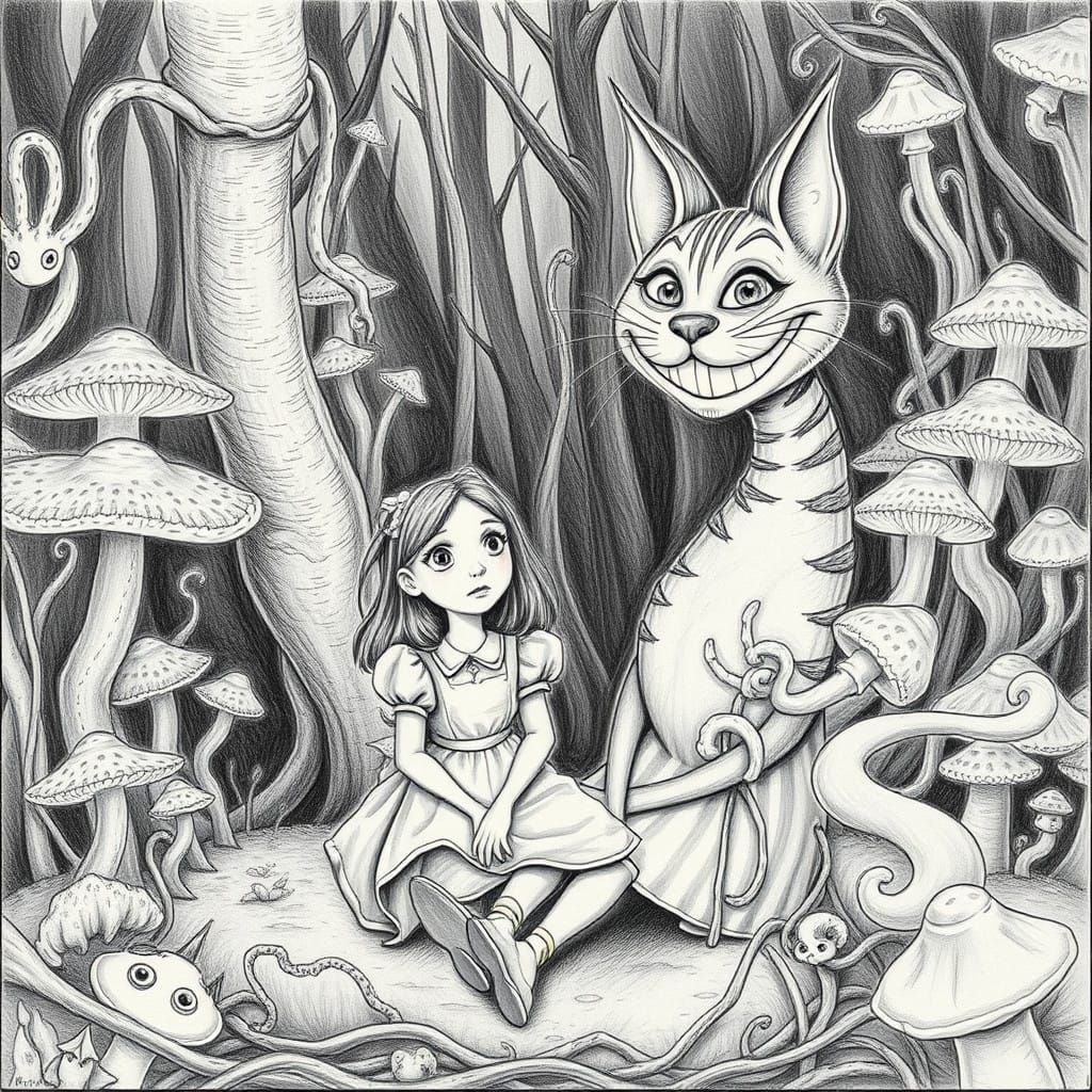 Mystical Whimsy: Cheshire Cat Meets Alice in Enchanted Fores...