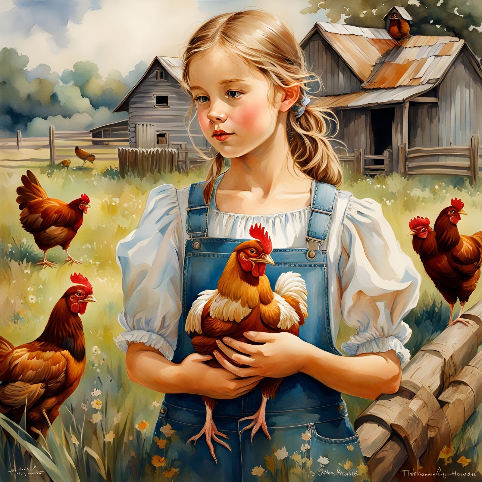 Girl with Chicken: Folk Art Watercolor