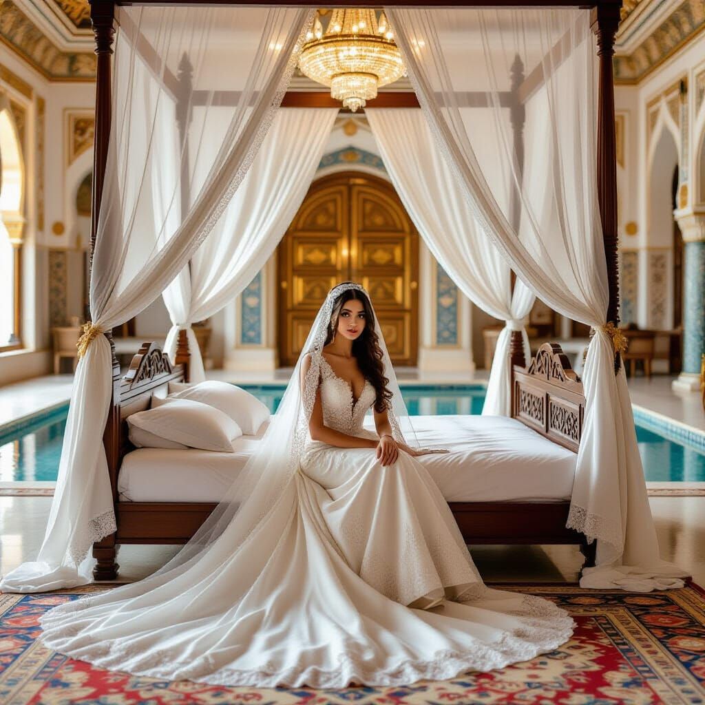 Bride in Royal Bedroom with Pool, Photorealistic Style