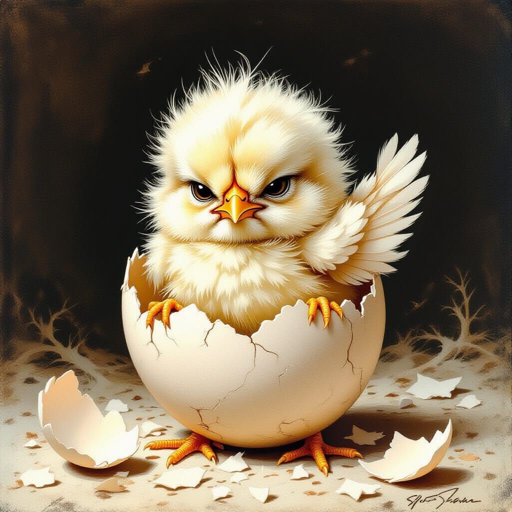 Annoyed Chick in Eggshell, Expressive Linework