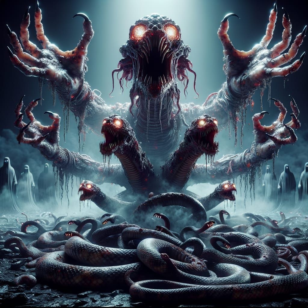 Unnerving Underworld Scene with Serpent Monster