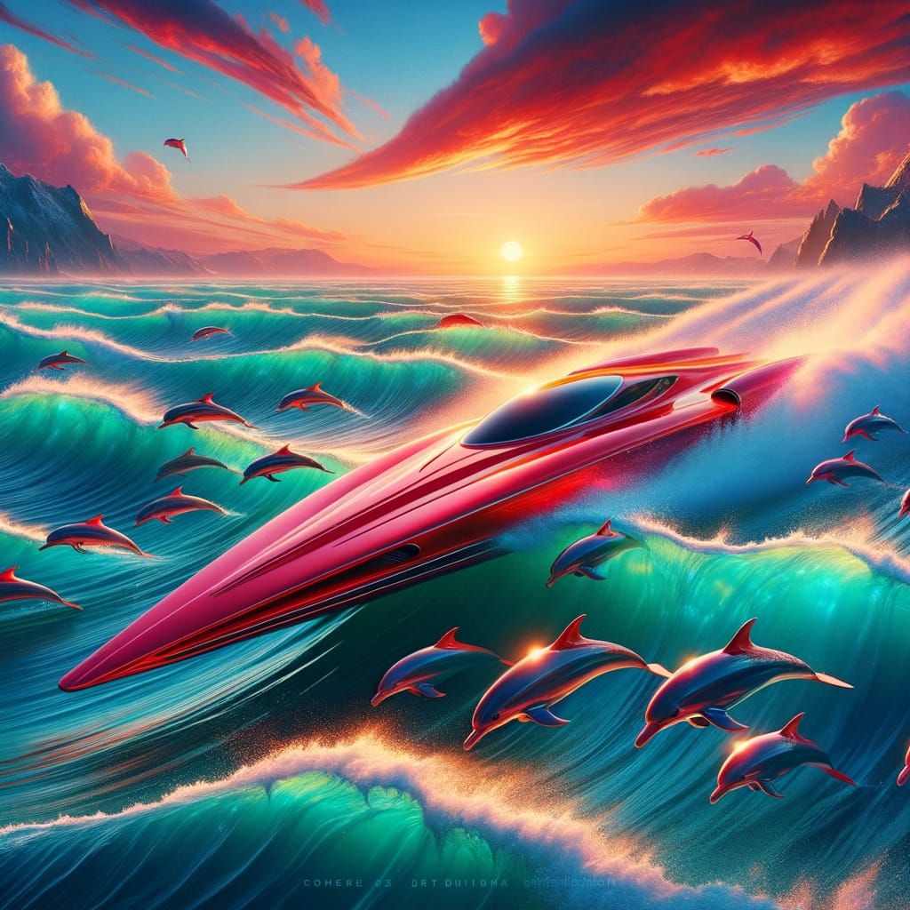 Red Boat Glides Through Turquoise Waves at Sunset
