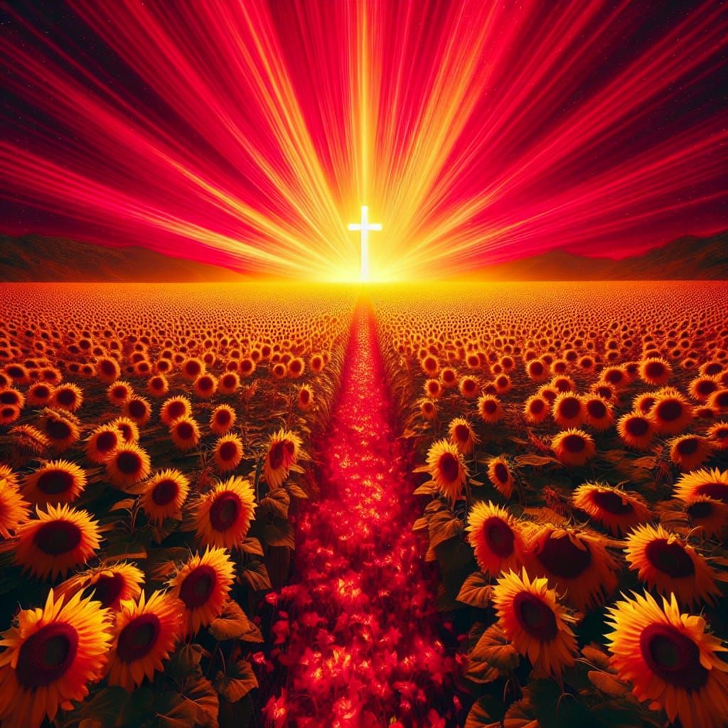 Monumental Cross Radiating Scarlet Light Over Sunflowers