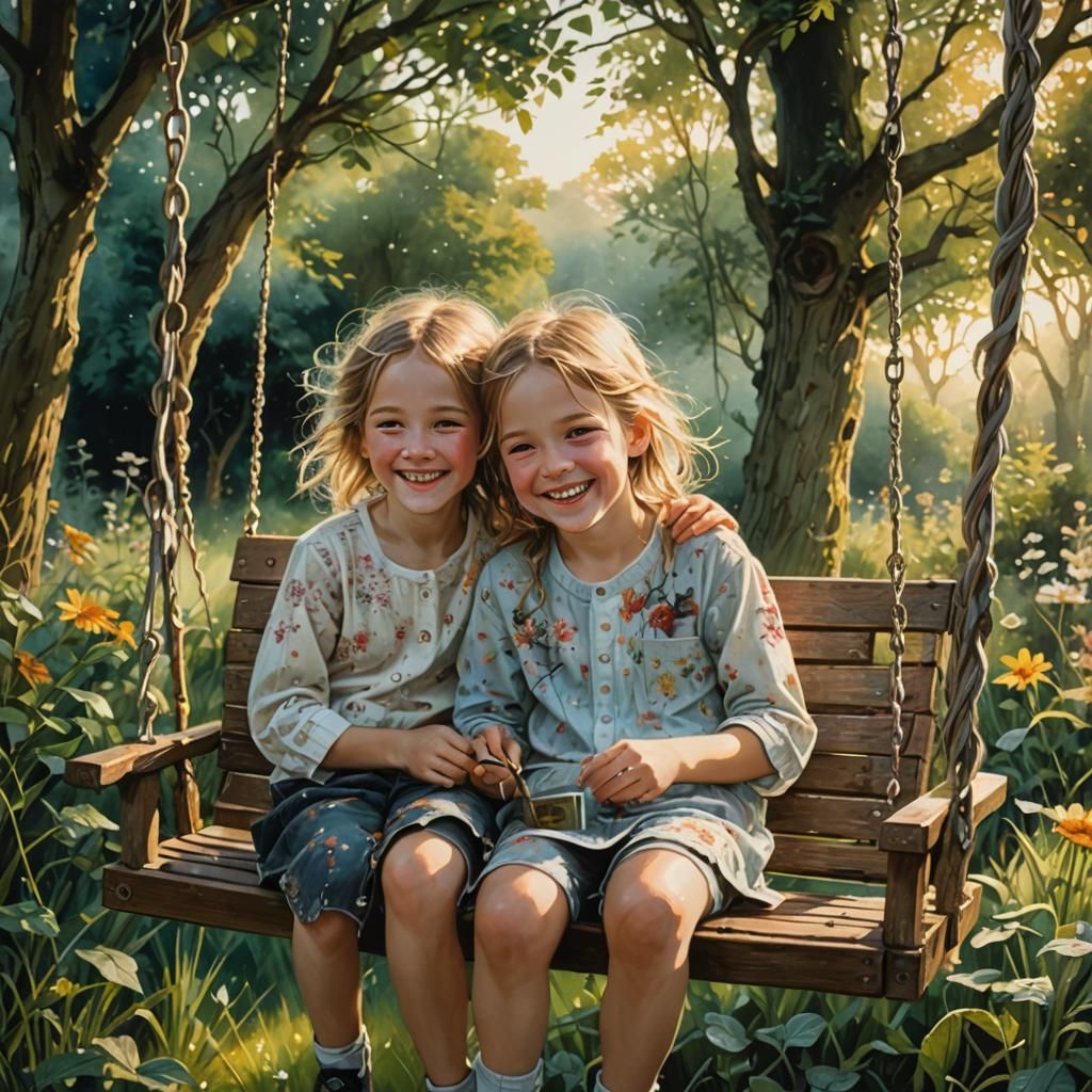 Siblings' Laughter in Evening Light: Hyperrealistic Art