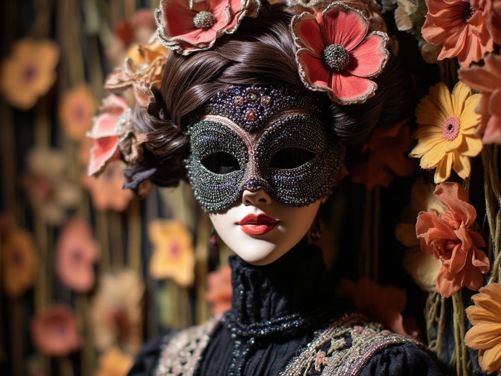 Beaded Carnival Mask Fashion Model in Psychedelic Style