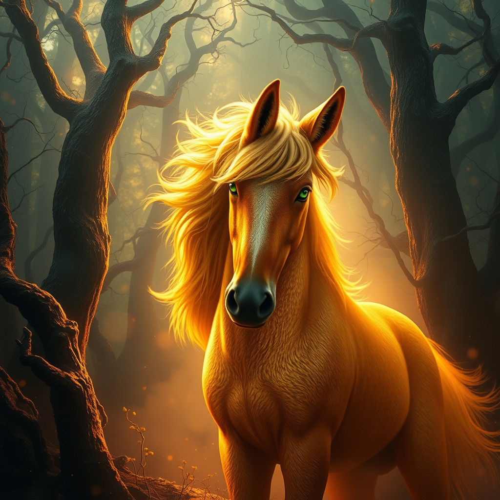 Fox-Headed Horse in Mystical Forest, Matte Painting