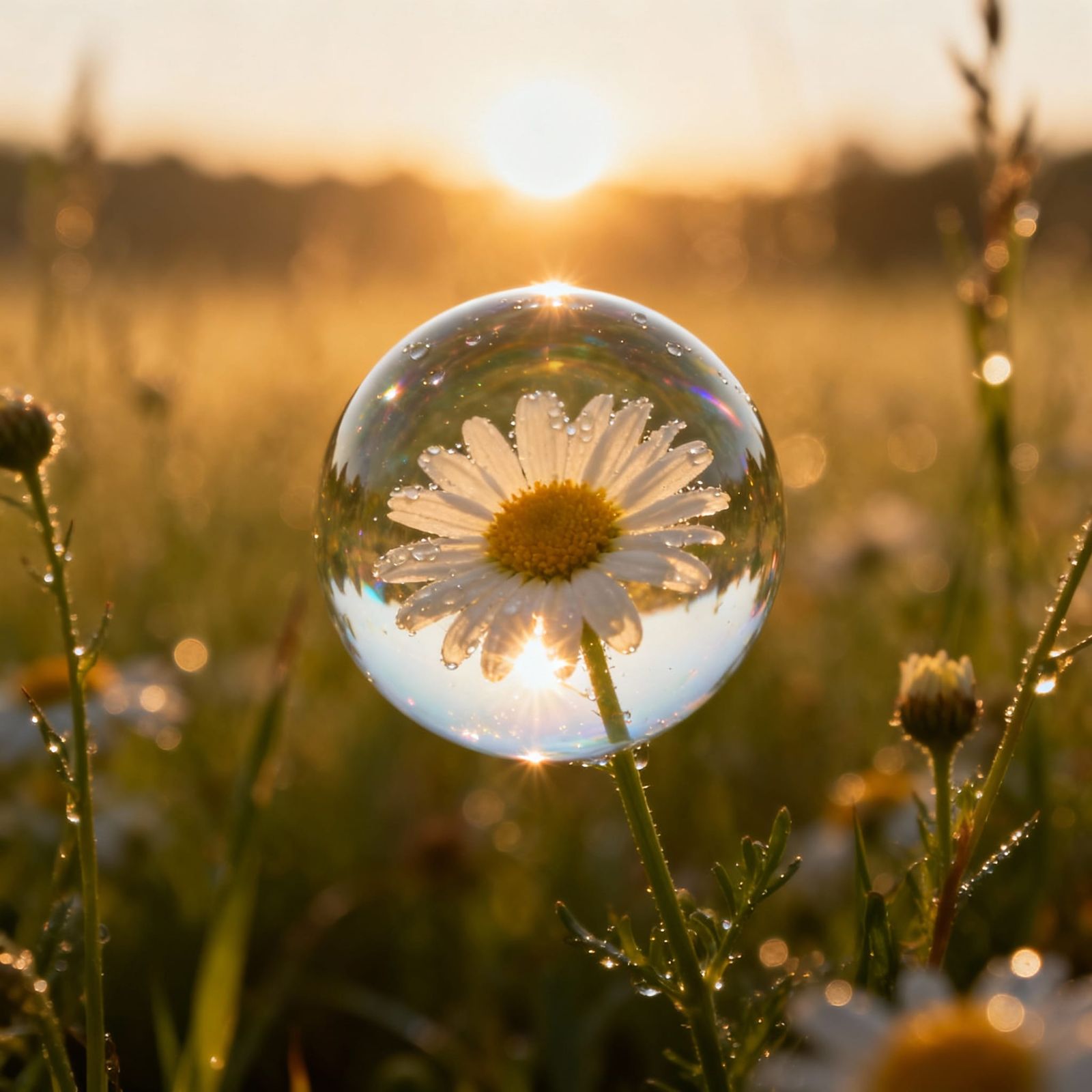 Dewy Wildflower Field Encased in Glass Sphere