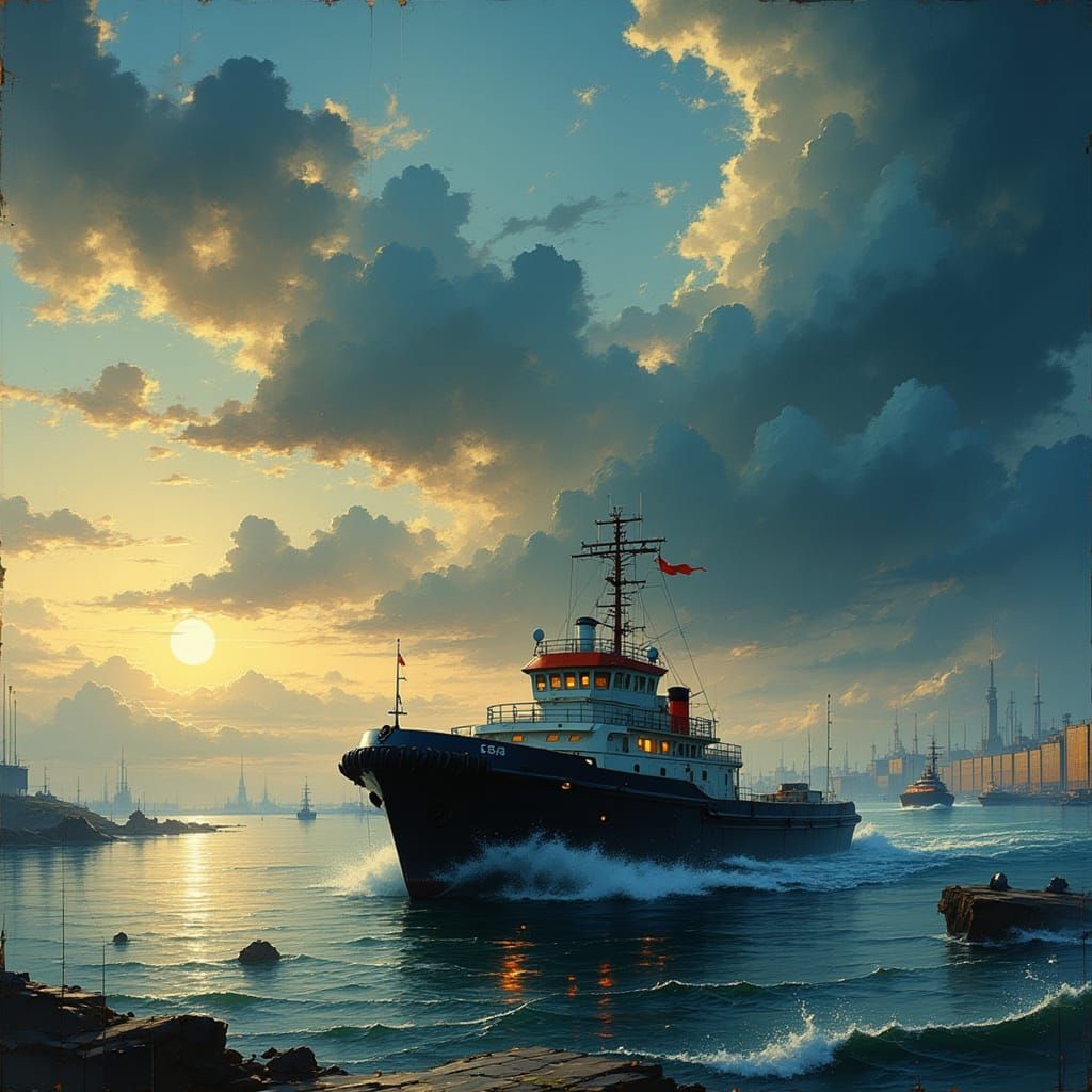 Powerful Tugboat Navigates Rotterdam Port During Golden Hour