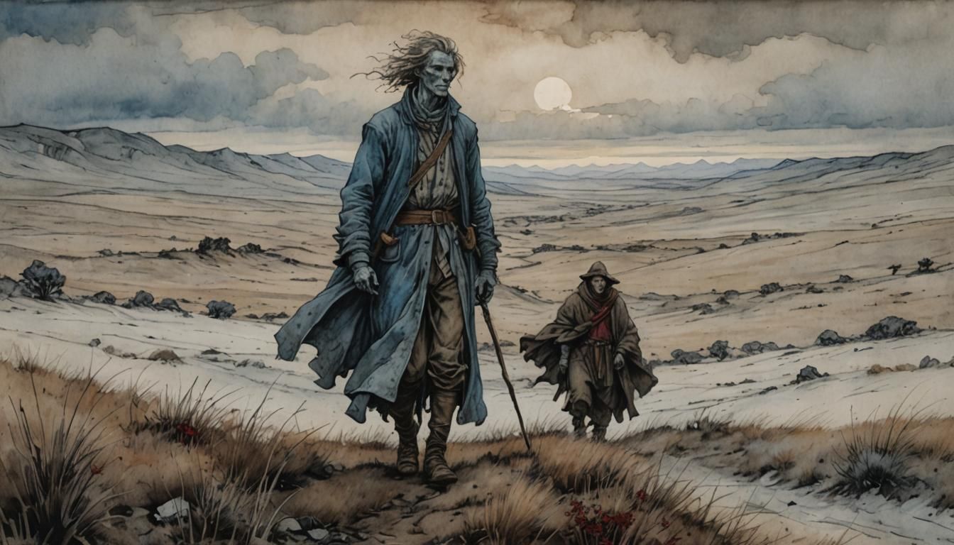 Giant on a Desolate Tundra in Arthur Rackham Style