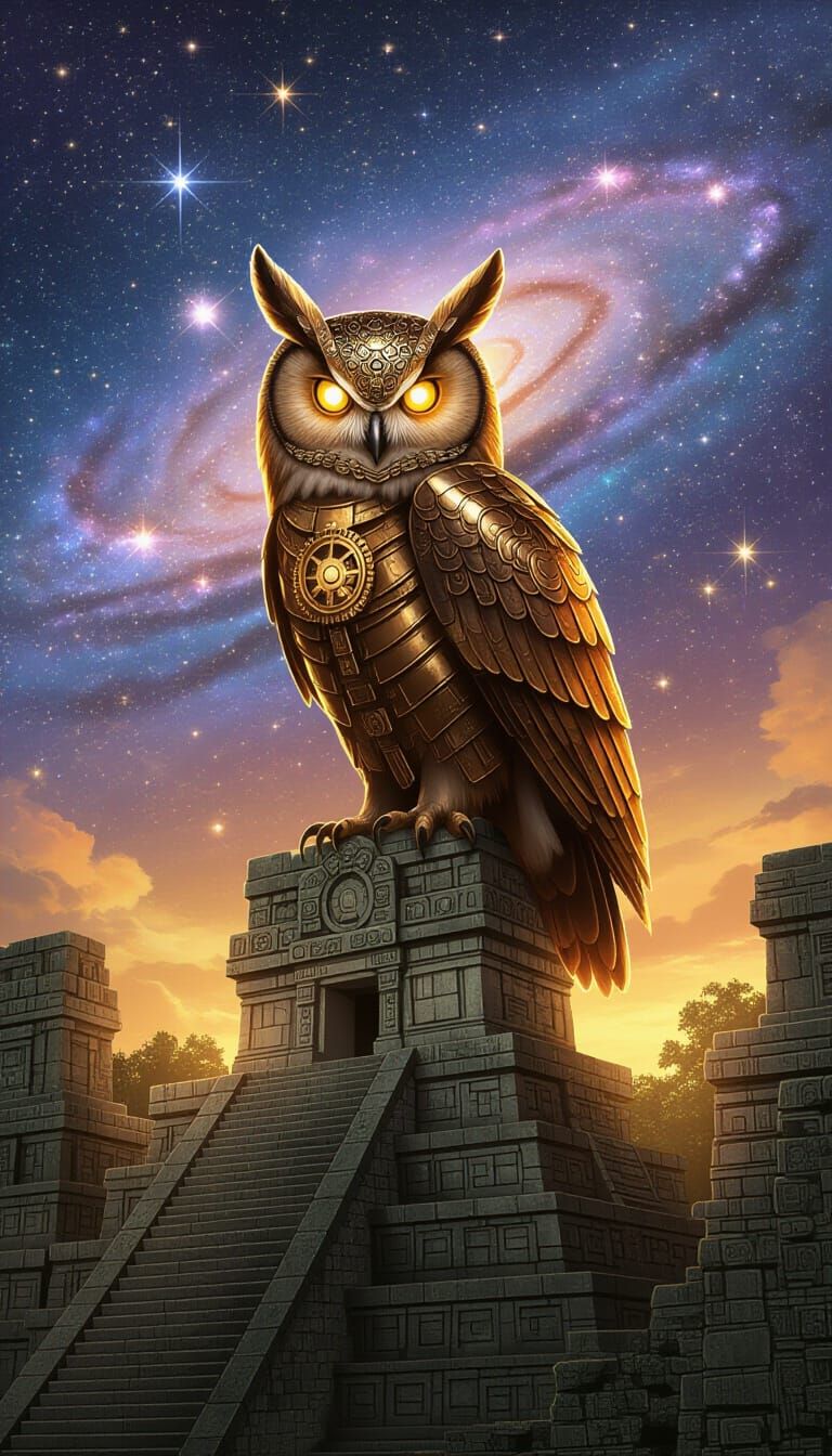 Clockwork Owl on Mayan Temple in Steampunk Style