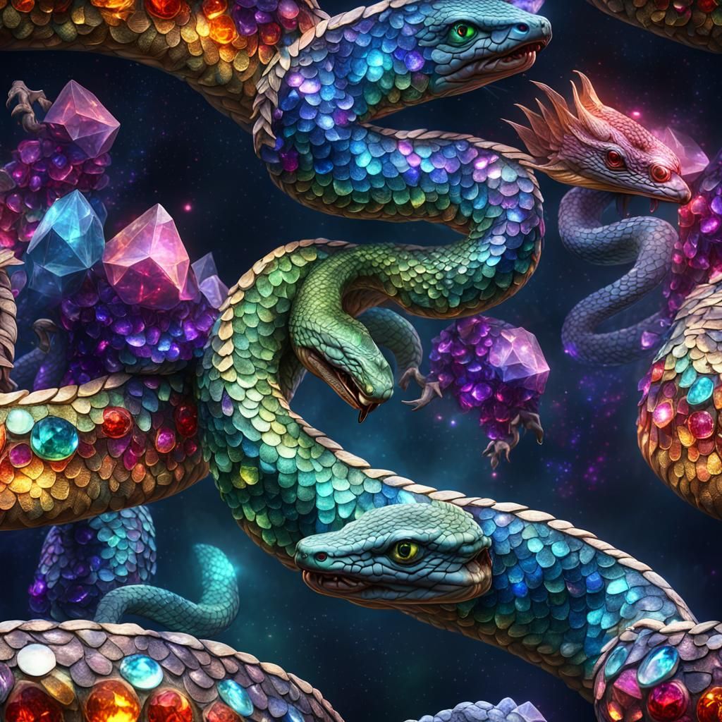Mythical Multi-Headed Serpent with Gem Scales