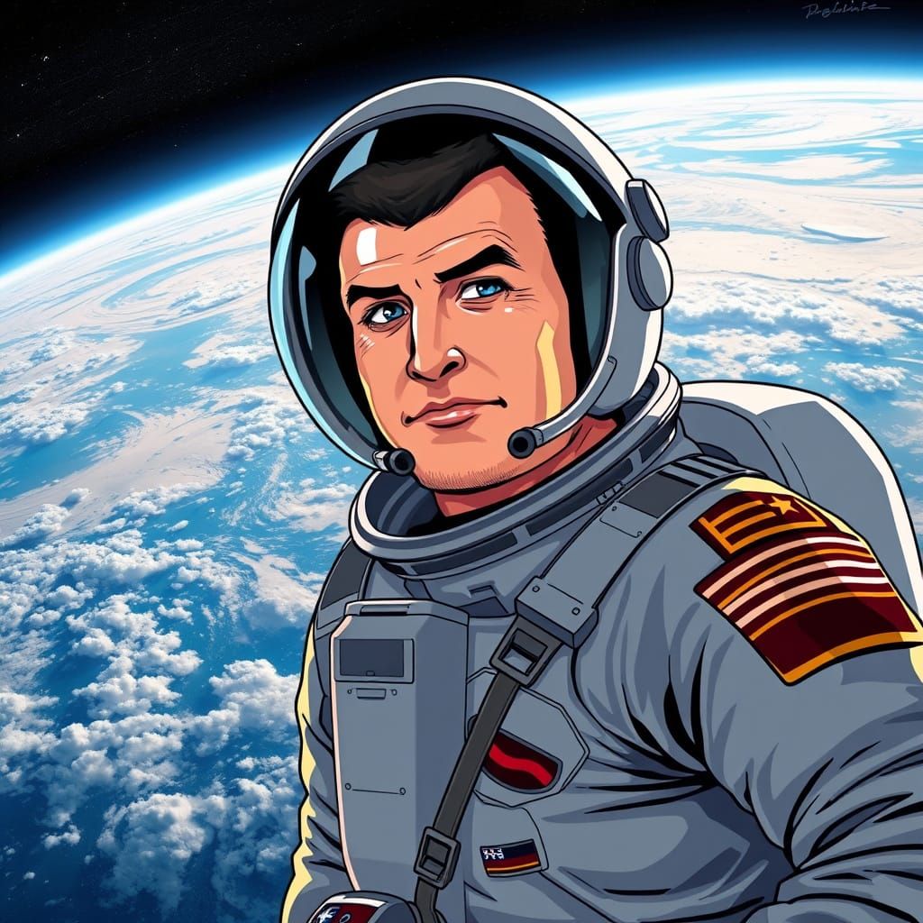 Cosmonaut Yuri Gagarin in Anime-Style Spacesuit Against the ...