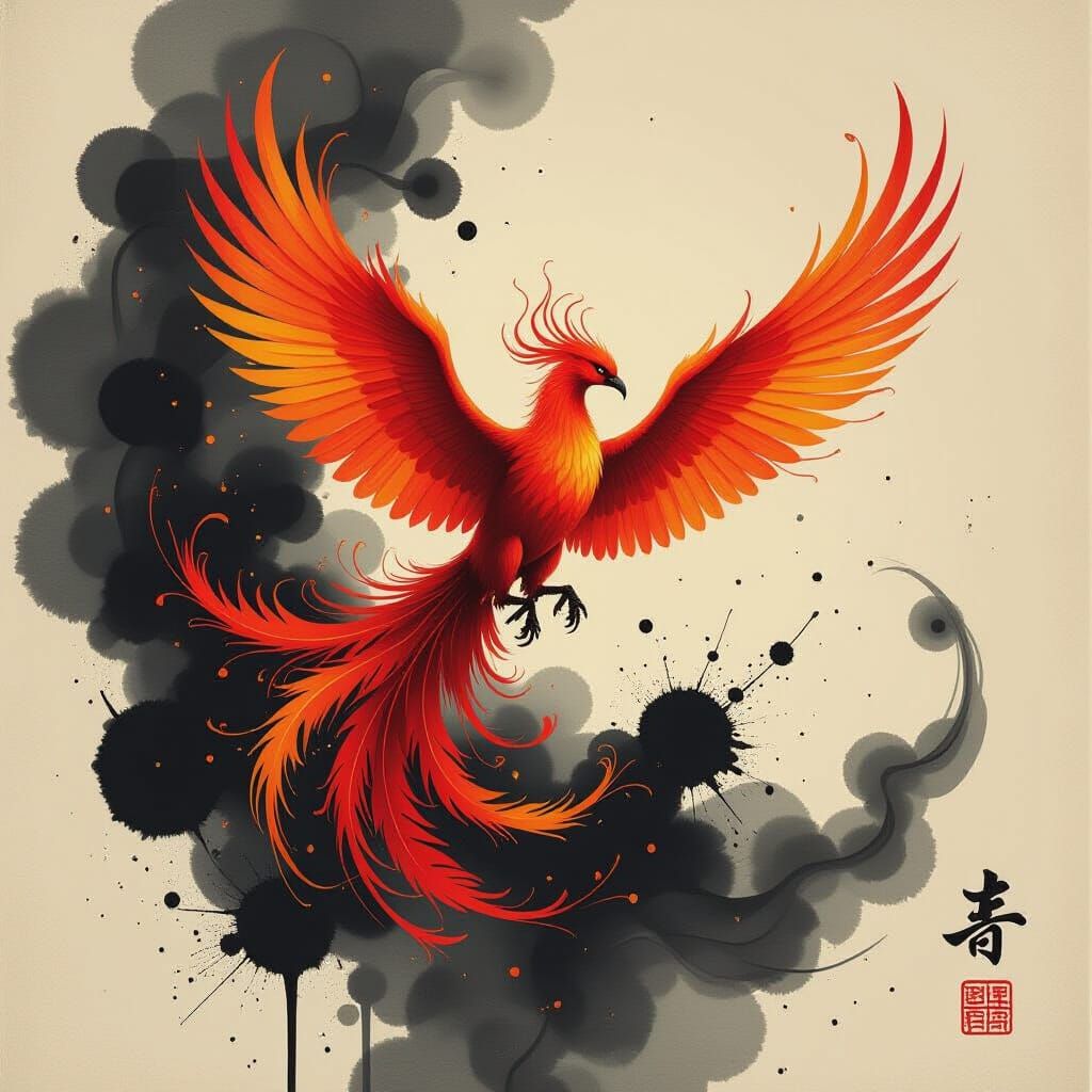 Majestic Ink Phoenix Erupts in Fiery Glow