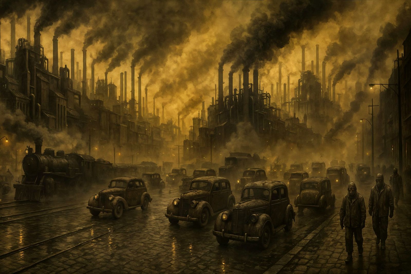 Dieselpunk Metropolis: Panoramic View of Industrial Smog