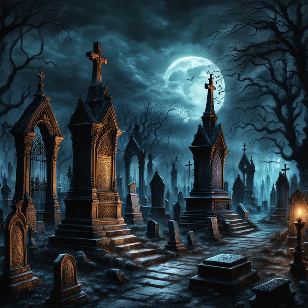 Gothic Cemetery Illustration with Splendid Steles