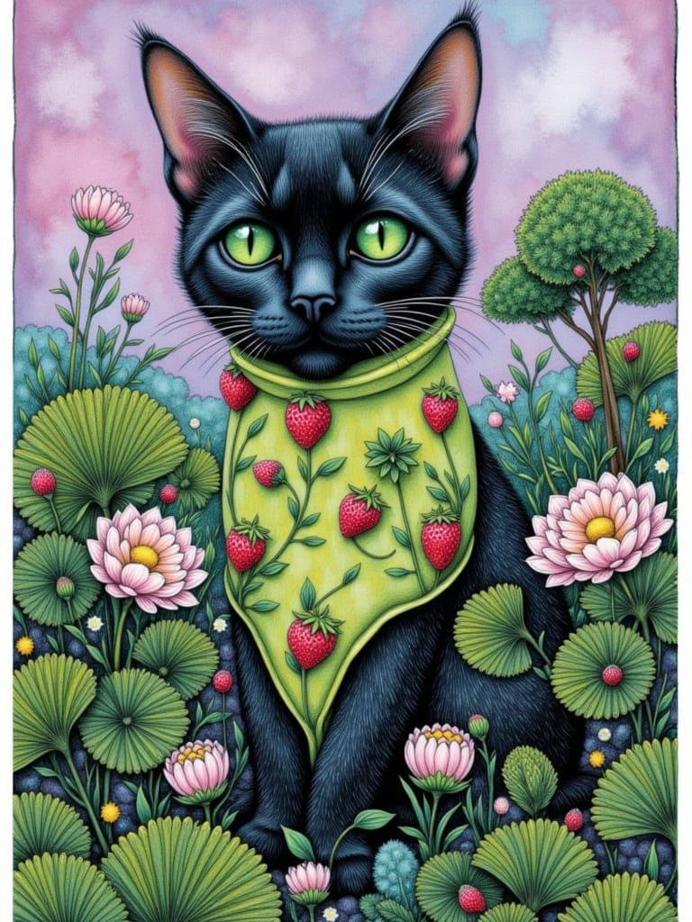 Playful Black Kitten in Strawberry Field