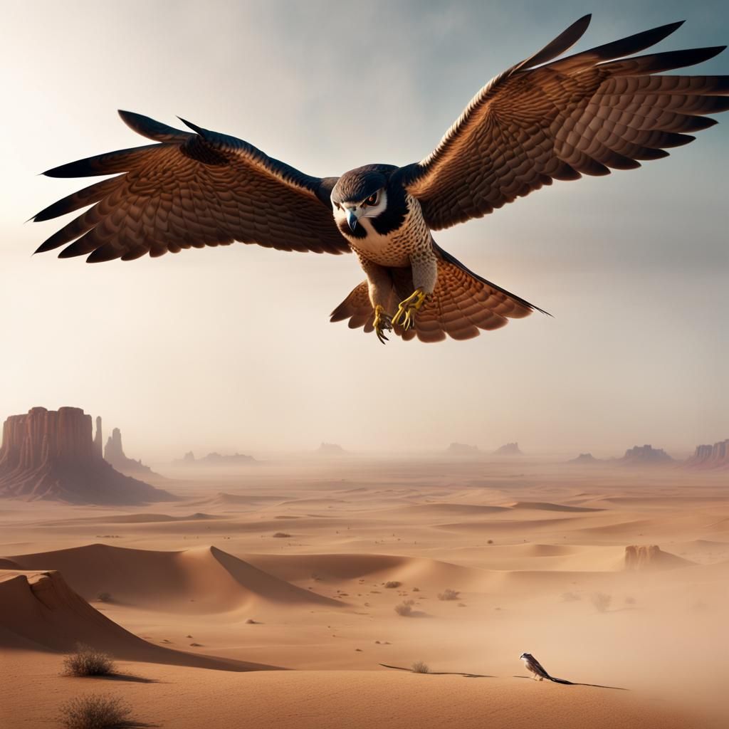 Falcon Soaring Over Desert: Epic Digital Matte Painting