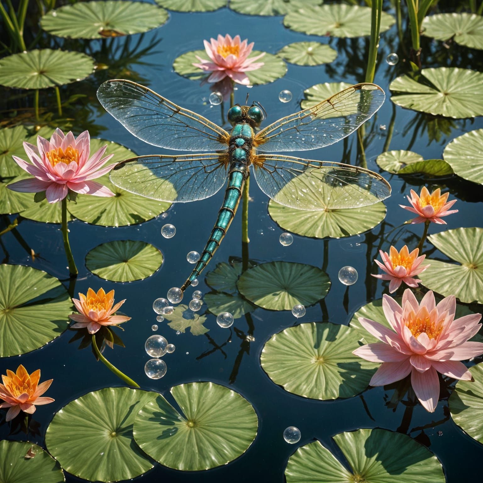 Bubble Dragonfly on Lily Pads in Surreal Pond