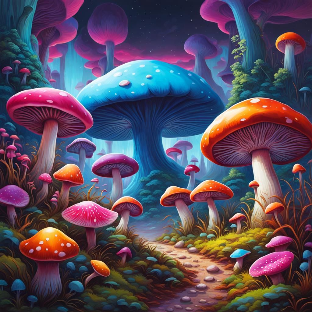 Colorful Mushrooms on Alien Planet in Graffiti Style
