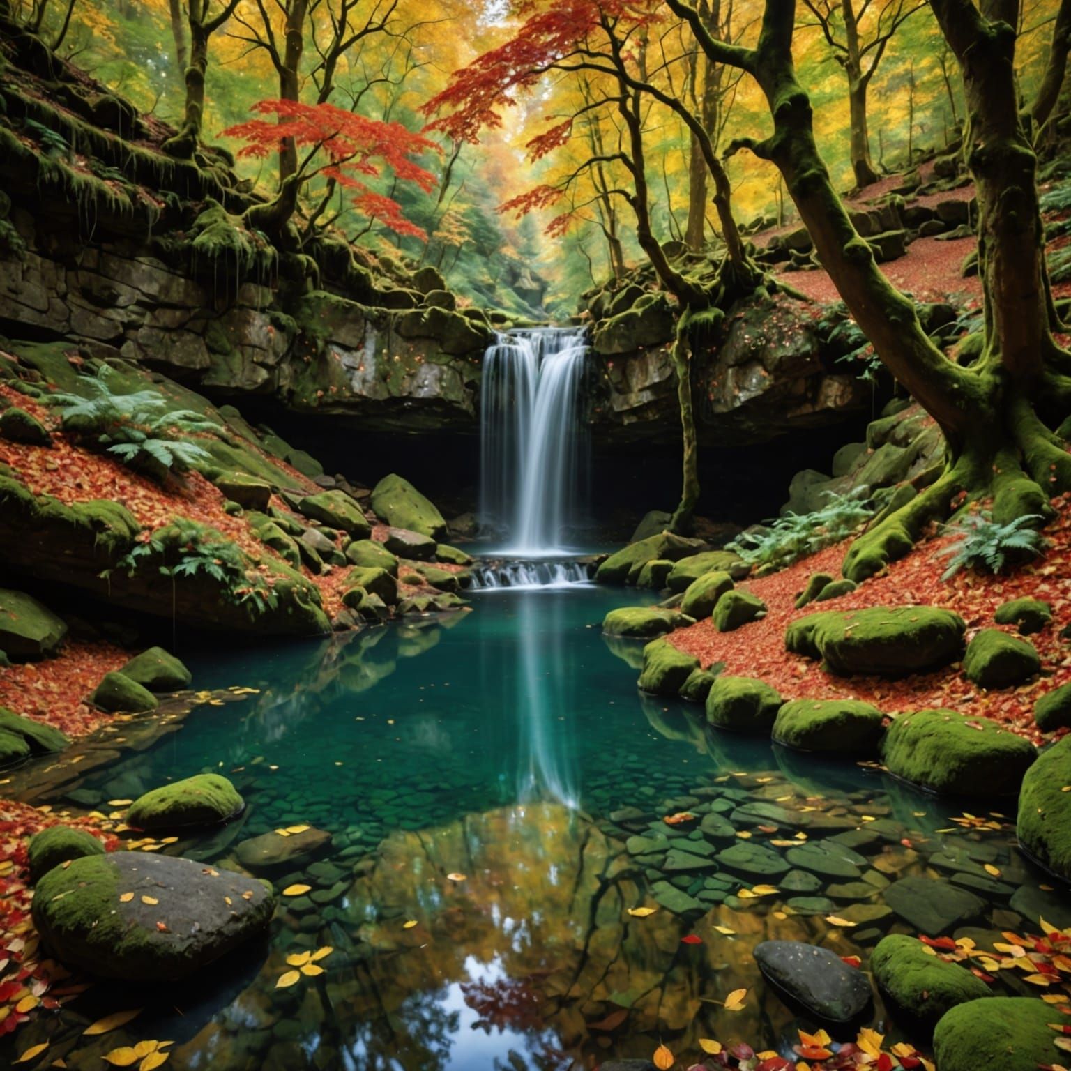Hidden Autumn Grotto With Waterfall and Ethereal Light