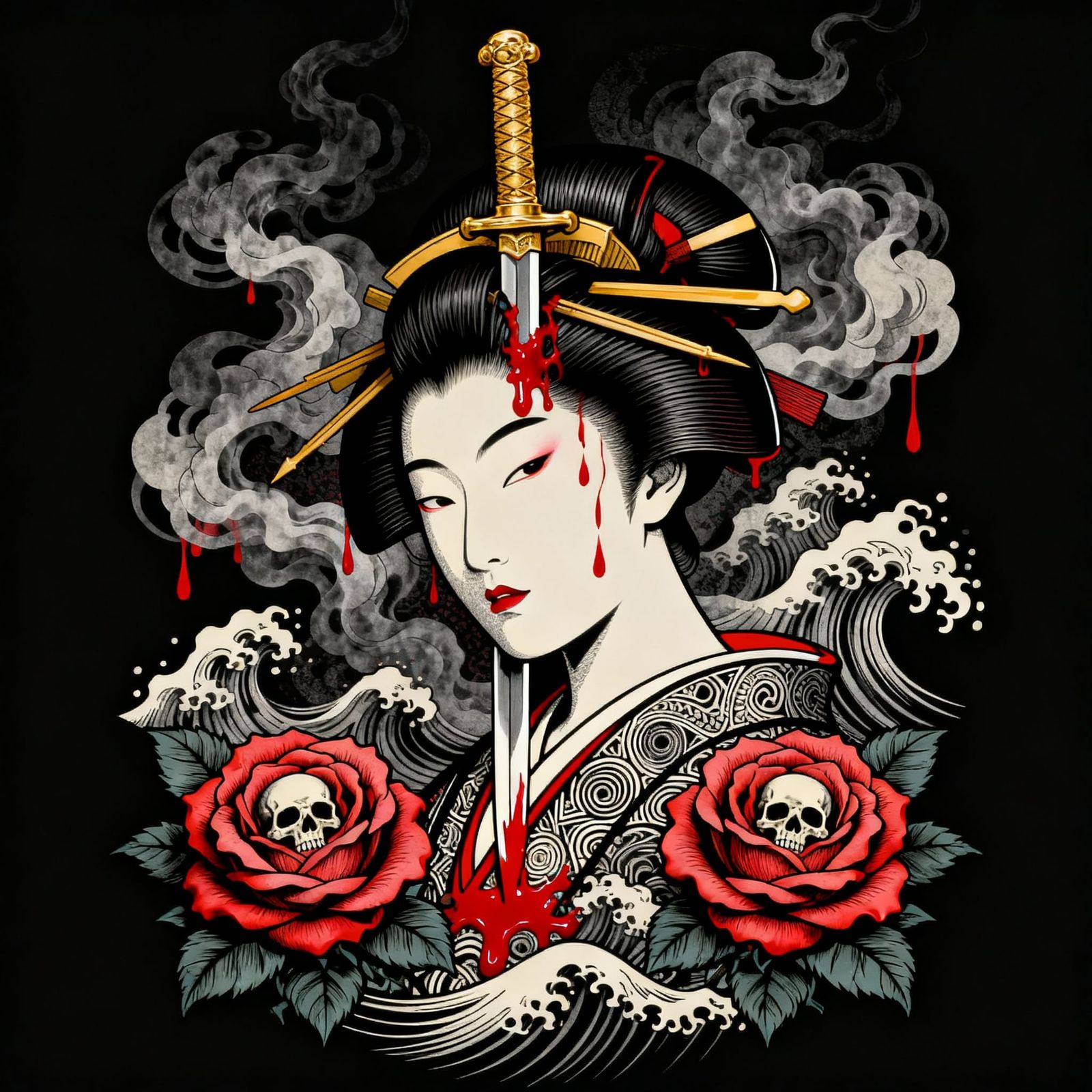 Geisha Head Pierced by Dagger Woodblock Print