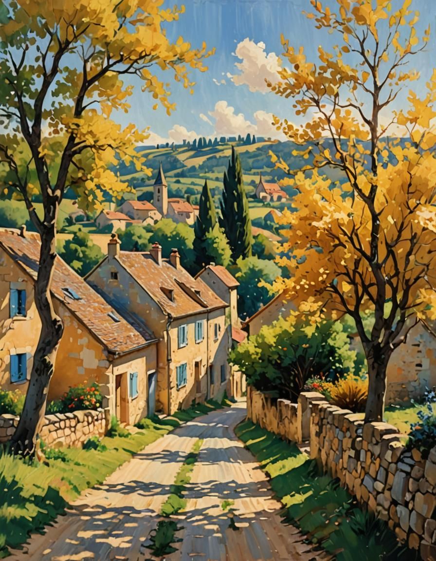 Idyllic French Village in Impressionist Style