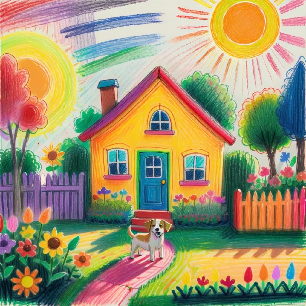 Naive Crayon Art: House, Garden, Dog, and Sun