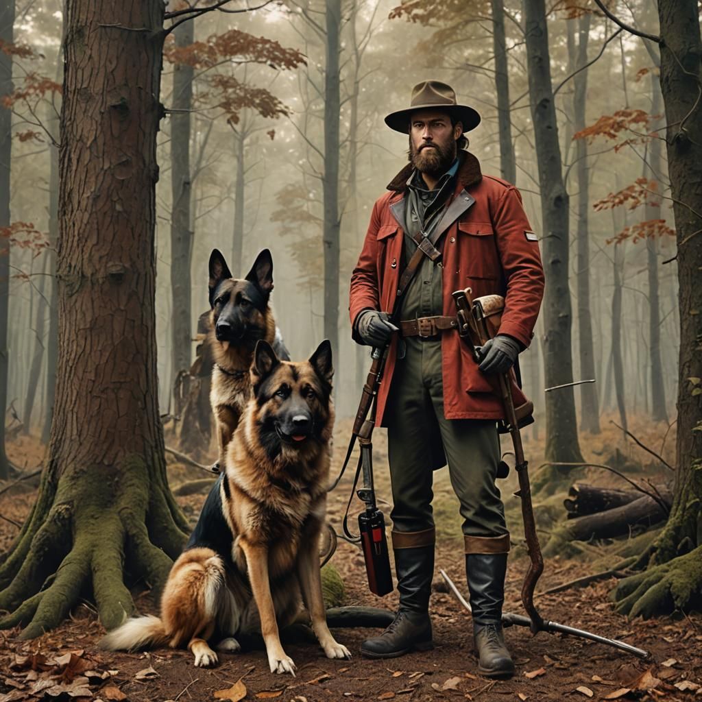 Hunter with Chainsaw and Dog in Forest