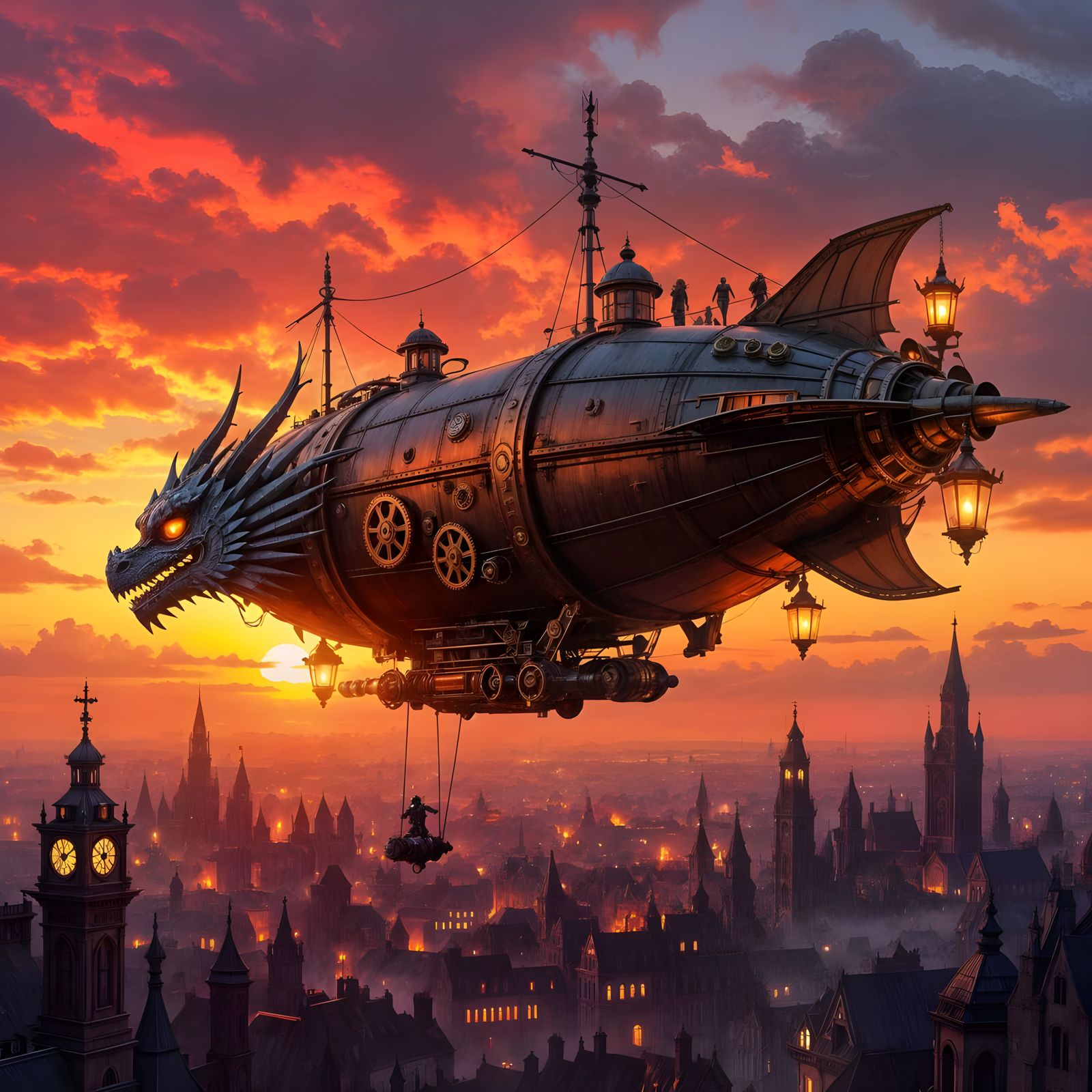 Steampunk Dragon Airship Soaring Over Victorian City