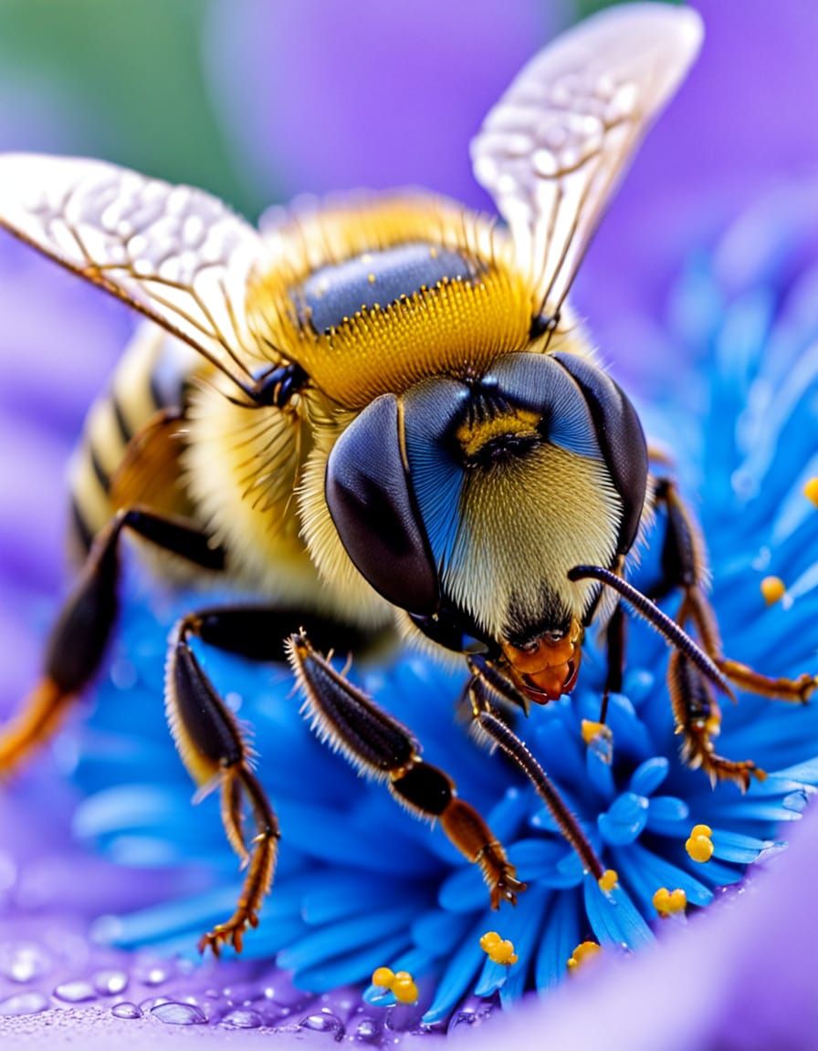 Macro Bee Eye Detail on Blue Flower with Pollen and Dew