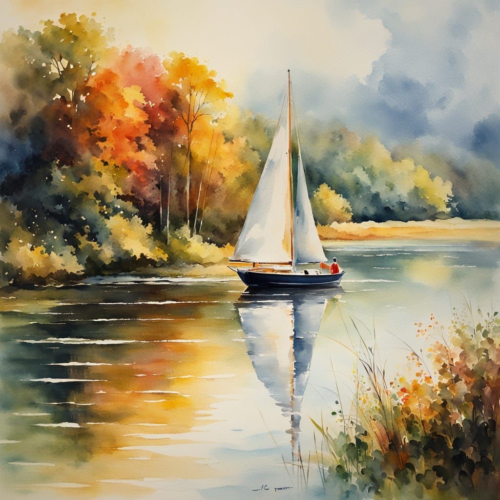 Sailboat on Lake: Impressionist Watercolour Painting