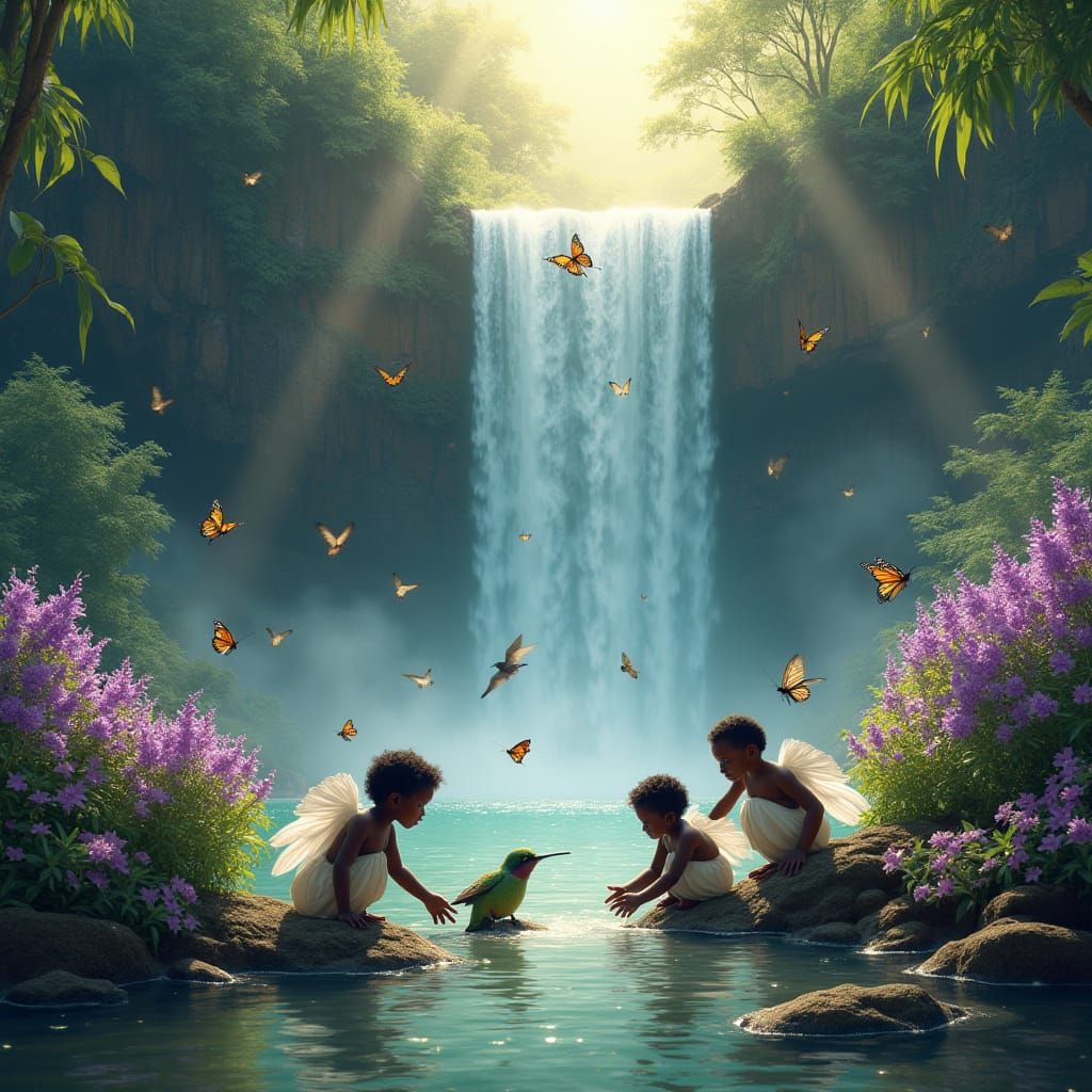 Majestic African Waterfall Paradise with Butterflies and Hum...