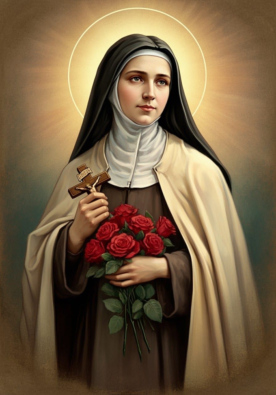 Saint Therese of Lisieux holding a crucifix and a bouquet of roses