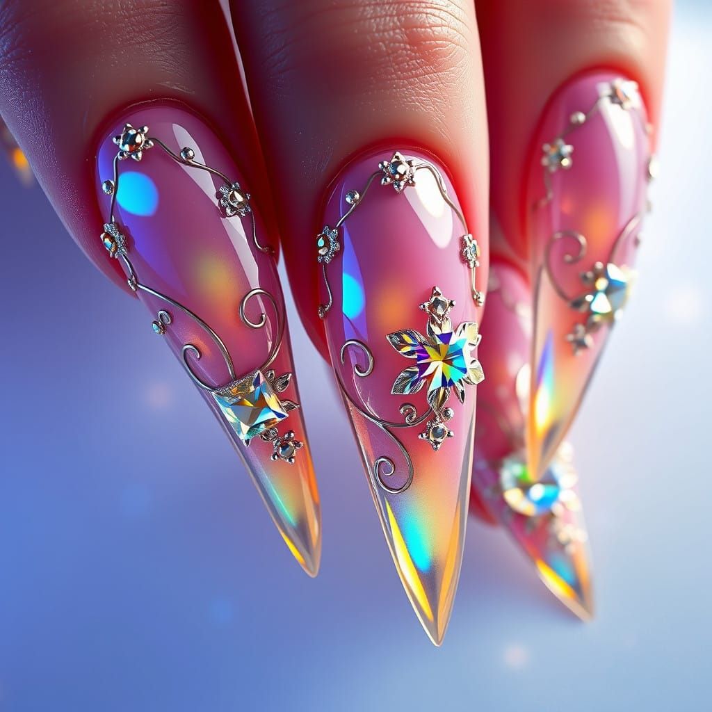 Glimmering Stiletto Nails in Iridescent Splendor