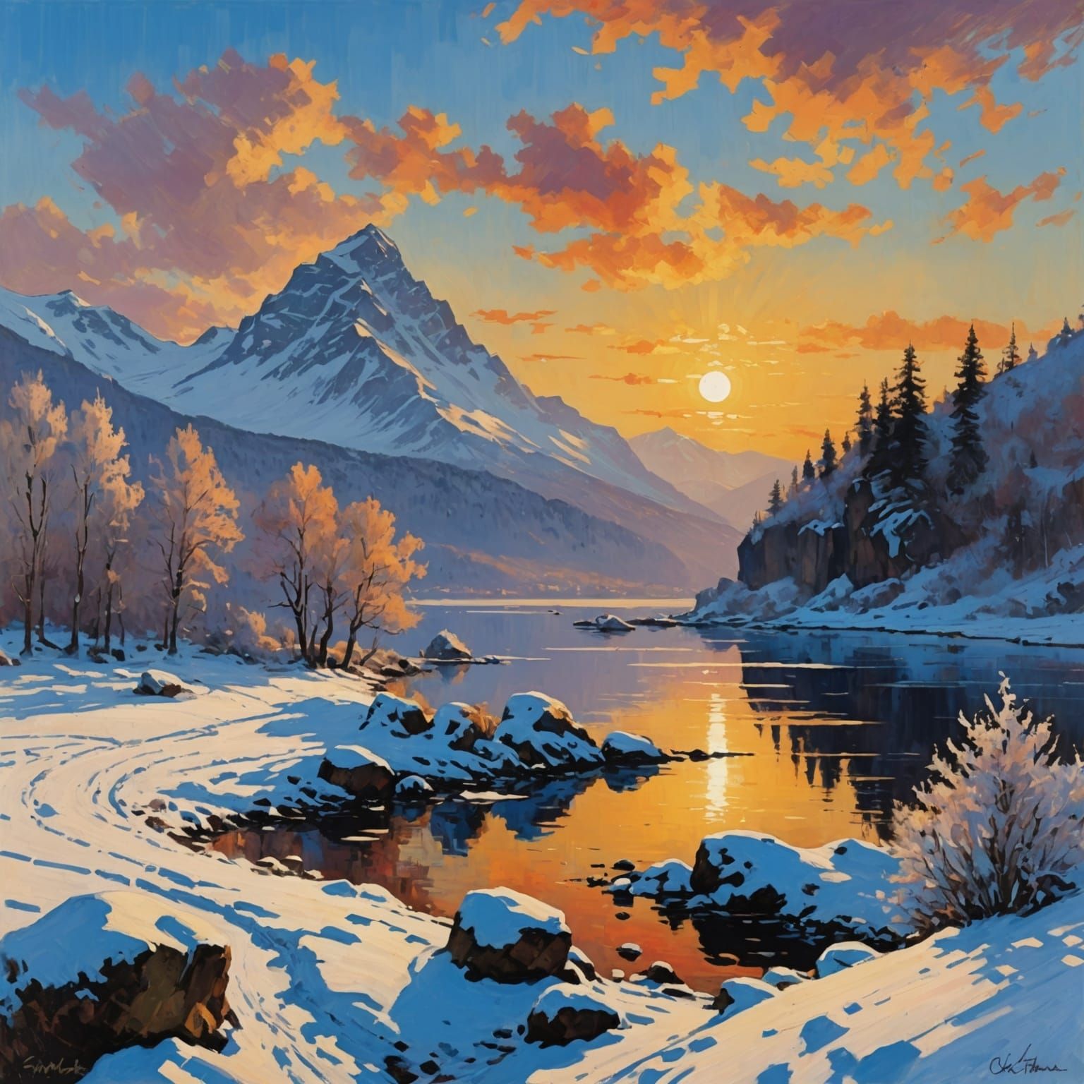 Winter Sunset Mountain Landscape in Impressionist Style