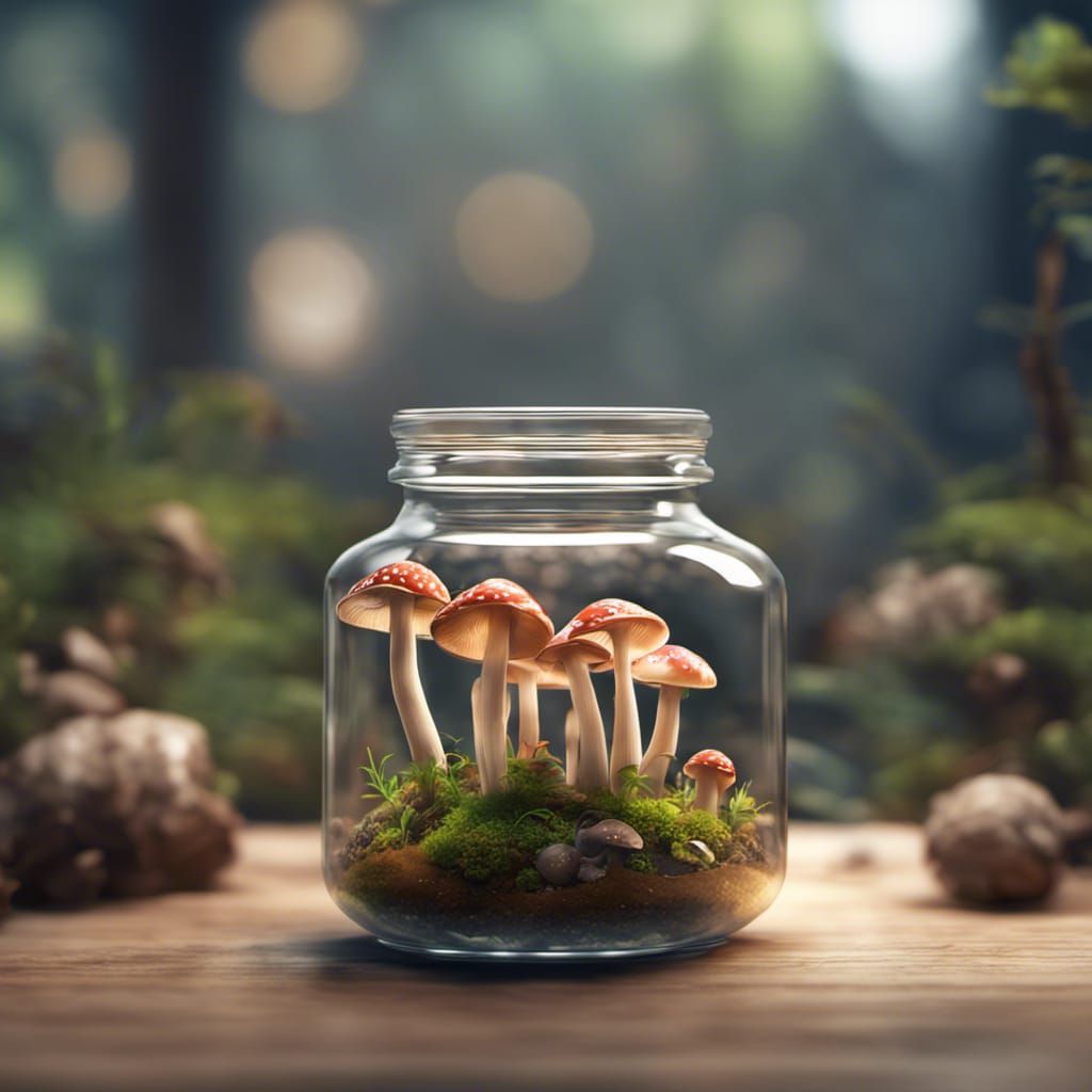 Mushroom Terrarium in Glass Jar, Macro Photography