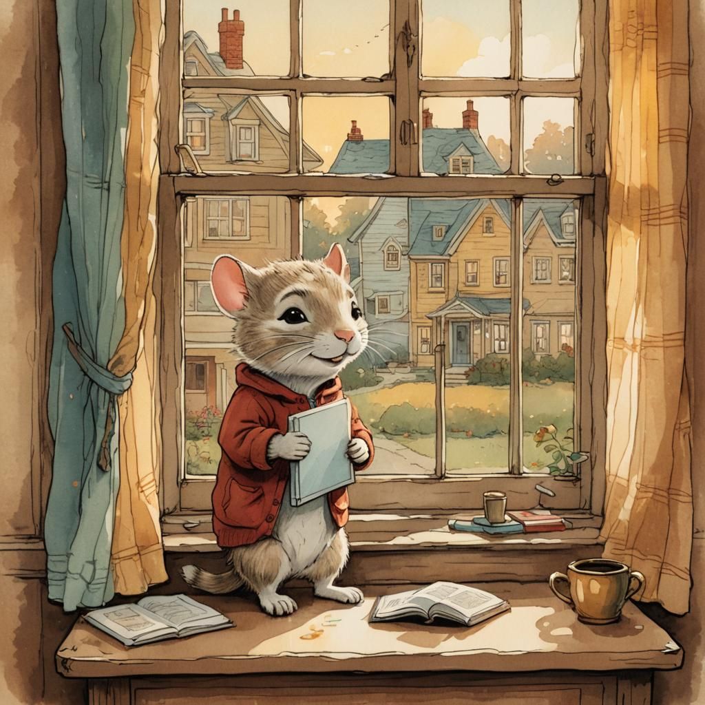 Mouse Peeks into Cozy Room: Storybook Illustration
