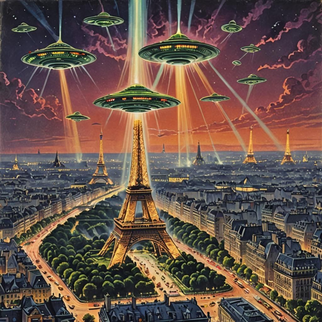 Alien Invasion of Paris in 1950s Sci-Fi Style