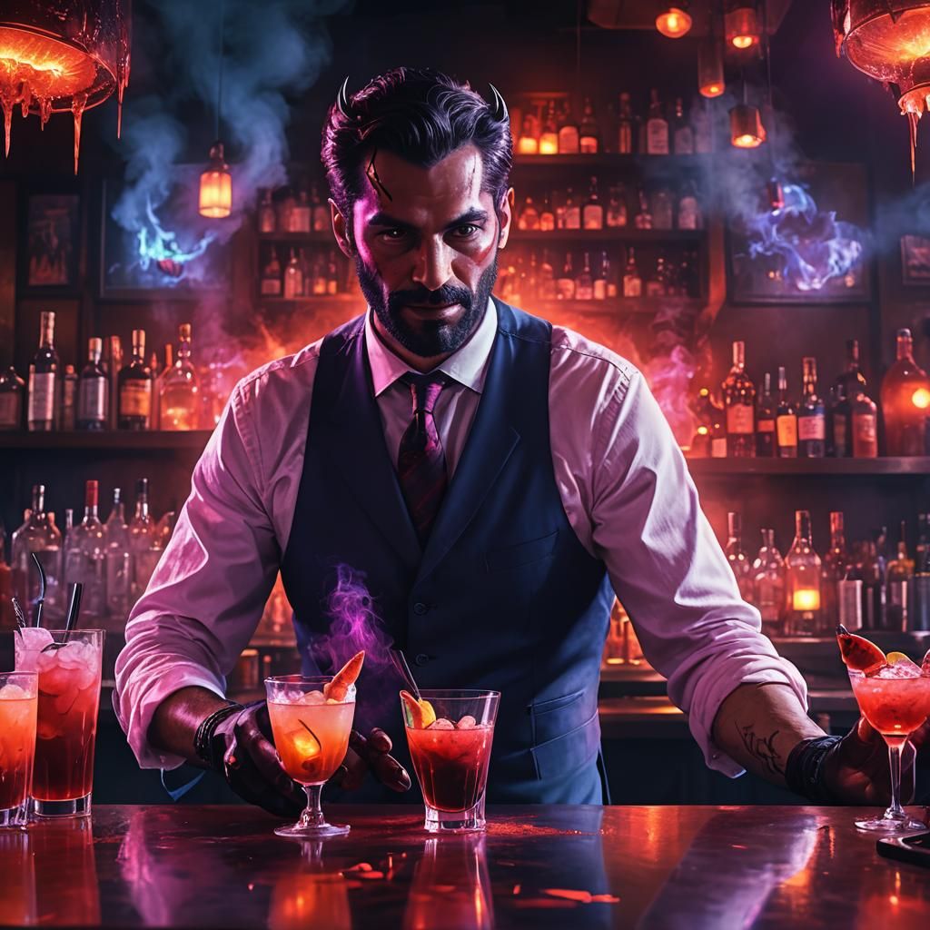 Demonic Barman Mixes Cocktails Under Neon City Lights