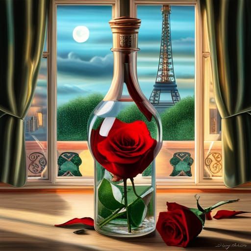 Roses in Crystal Heart Bottle: Expressionist Oil Painting