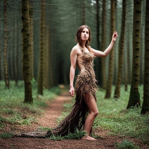 Woman in Forest Wearing Vine Dress