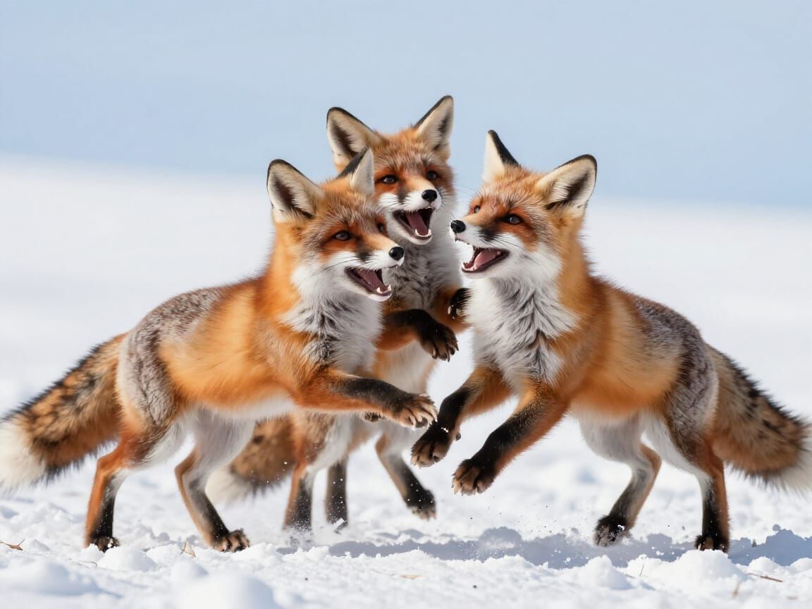 Fluffy Foxes Joyfully Play in Snowy Landscape